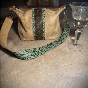 Louis Vuitton Inspired Tan Haircalf Crossbody with Turquoise Strap